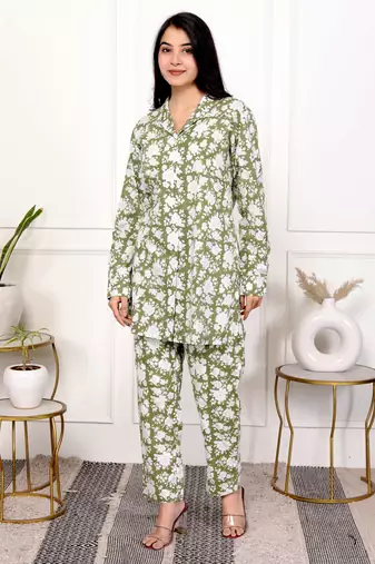 Green hand block printed cotton co-ord set