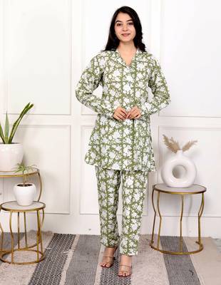 Green hand block printed cotton co-ord set 3