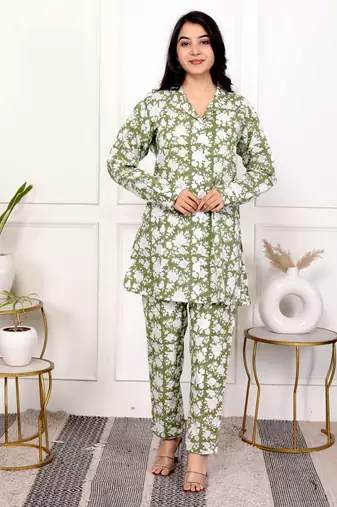 Green hand block printed cotton co-ord set