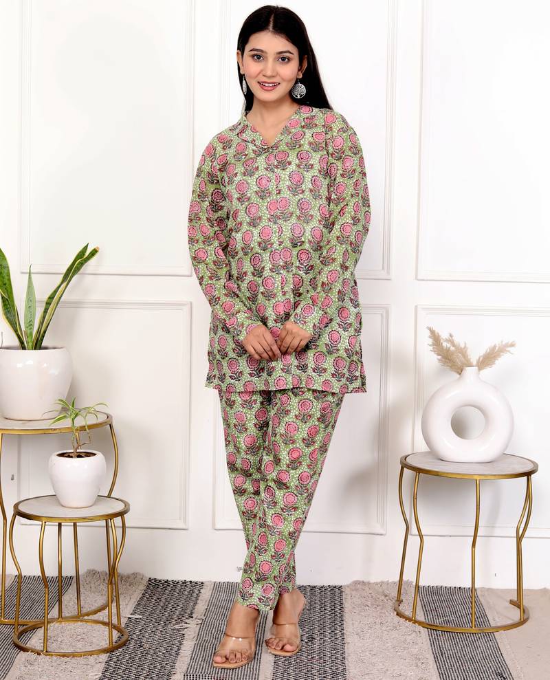 Pink green hand block printed cotton co-ord set