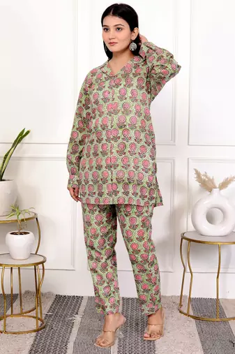 Pink green hand block printed cotton co-ord set