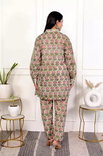 Pink green hand block printed cotton co-ord set