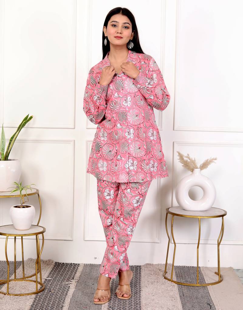 Pink hand block printed cotton co-ord set