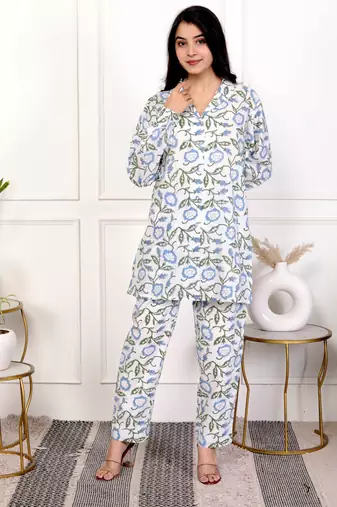 Blue hand block printed cotton co-ord set