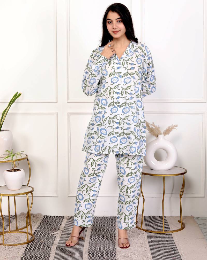 Blue hand block printed cotton co-ord set