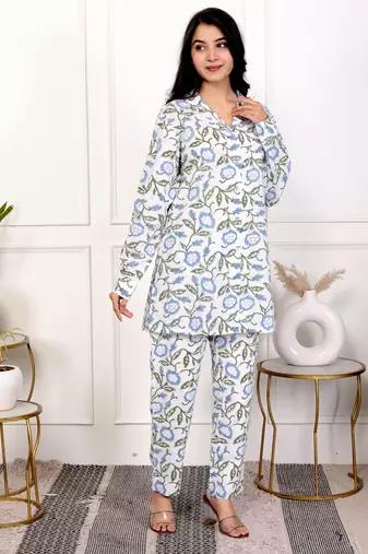 Blue hand block printed cotton co-ord set