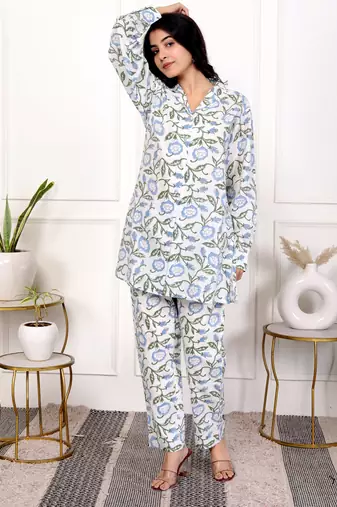 Blue hand block printed cotton co-ord set