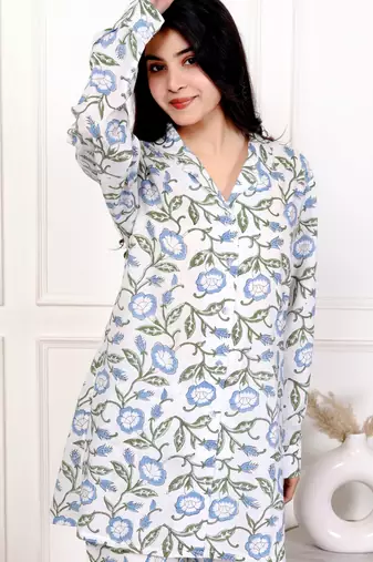 Blue hand block printed cotton co-ord set