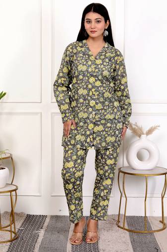 Yellow green hand block printed cotton co-ord set