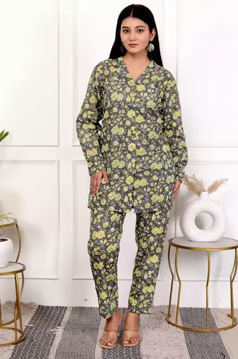 Yellow green hand block printed cotton co-ord set