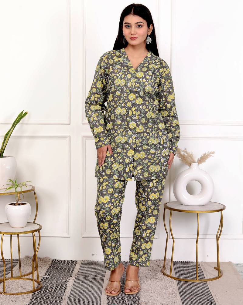 Yellow green hand block printed cotton co-ord set