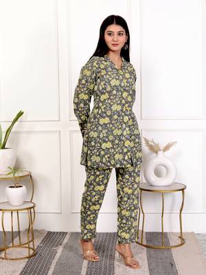 Yellow green hand block printed cotton co-ord set 3