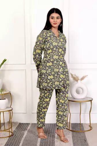 Yellow green hand block printed cotton co-ord set