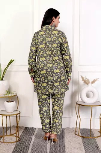 Yellow green hand block printed cotton co-ord set