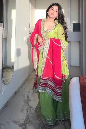 Parrot  chinon silk party wear embroidery sharara    suit set