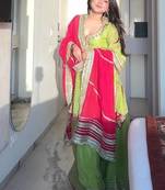 Parrot  chinon silk party wear embroidery sharara    suit set