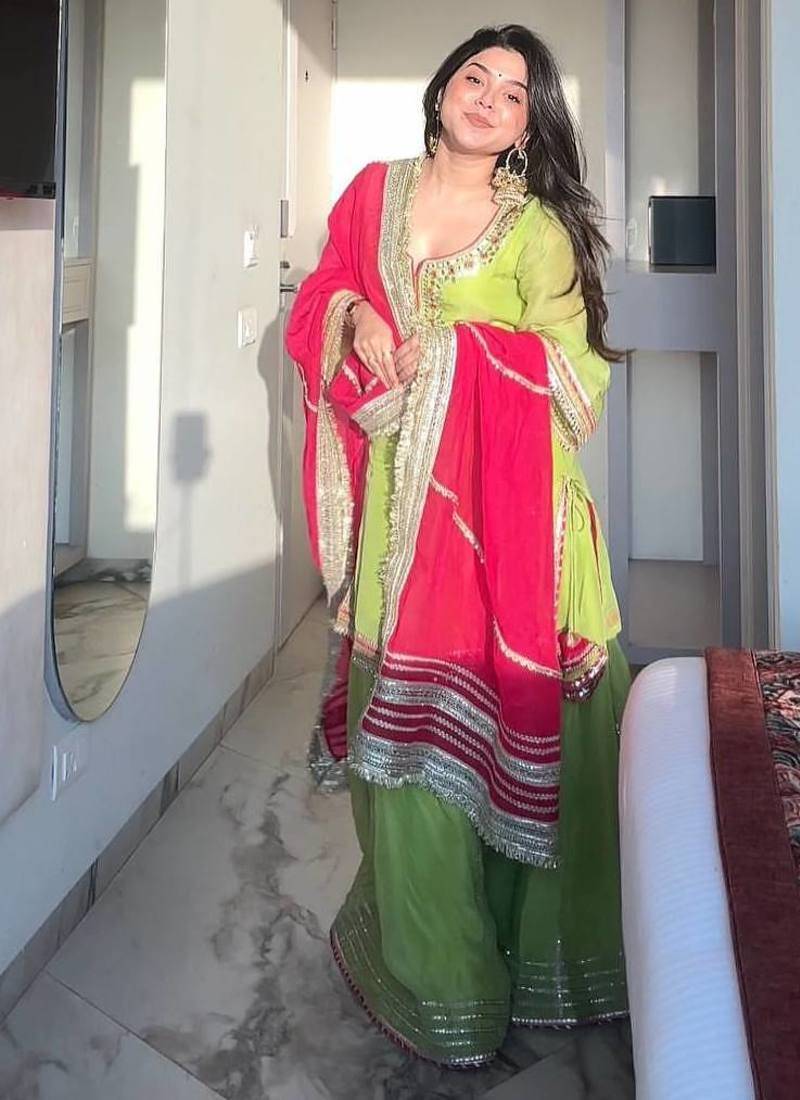 Parrot  chinon silk party wear embroidery sharara    suit set