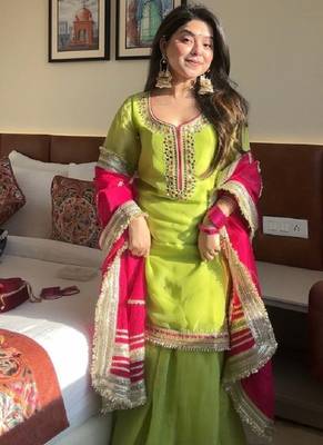 Parrot  chinon silk party wear embroidery sharara    suit set 3