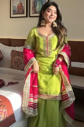 Parrot  chinon silk party wear embroidery sharara    suit set