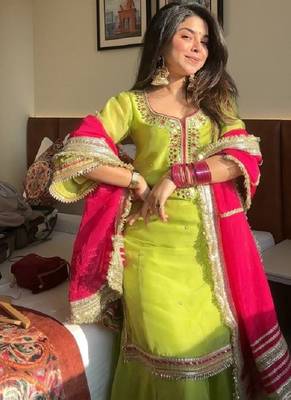 Parrot  chinon silk party wear embroidery sharara    suit set 4