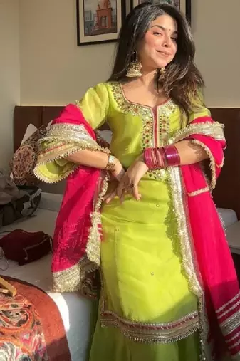 Parrot  chinon silk party wear embroidery sharara    suit set