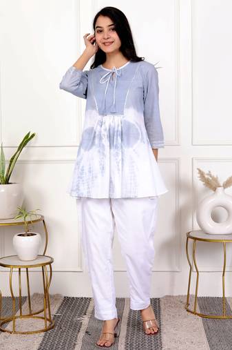 Sky blue tie & dye white cotton co-ord set