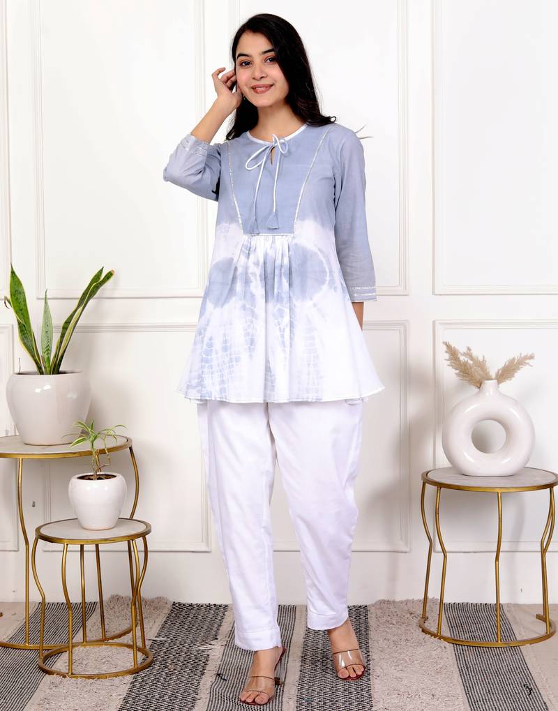 Sky blue tie & dye white cotton co-ord set
