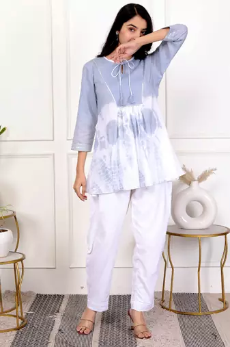 Sky blue tie & dye white cotton co-ord set