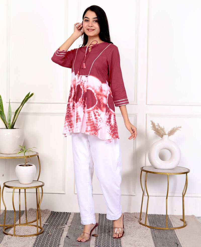 Brown tie & dye white cotton co-ord set