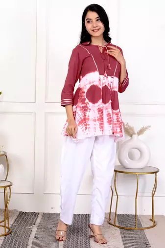 Brown tie & dye white cotton co-ord set