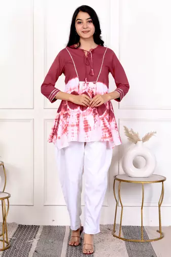 Brown tie & dye white cotton co-ord set