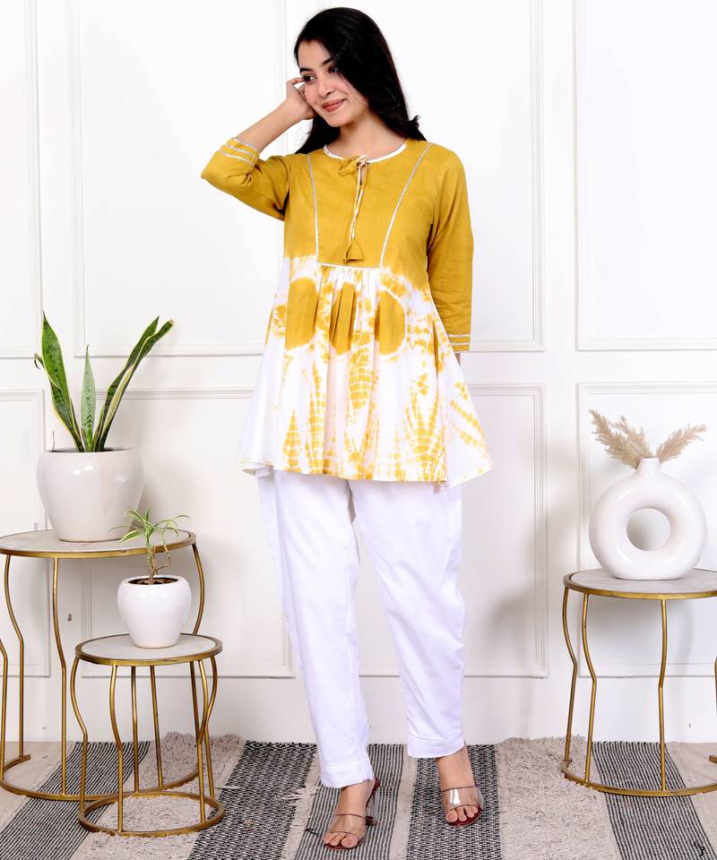 Yellow tie & dye white cotton co-ord set