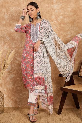 Coral pink printed cotton straight kurta set with blue zigzag dupatta