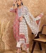 Coral pink printed cotton straight kurta set with blue zigzag dupatta