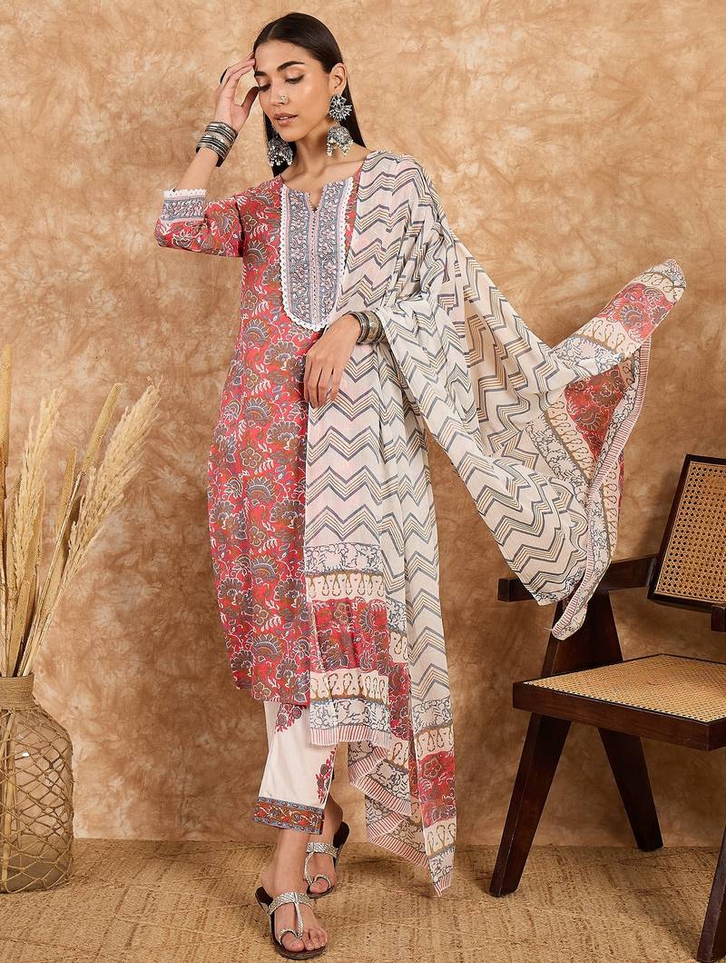Coral pink printed cotton straight kurta set with blue zigzag dupatta