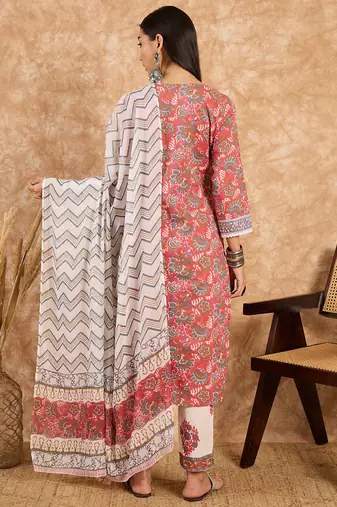 Coral pink printed cotton straight kurta set with blue zigzag dupatta