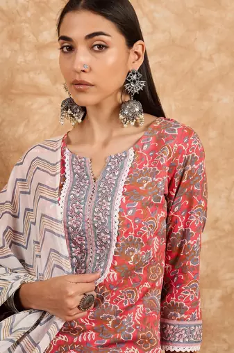 Coral pink printed cotton straight kurta set with blue zigzag dupatta
