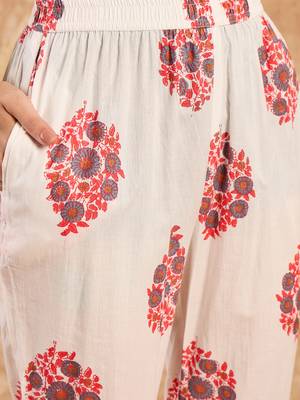 Coral pink printed cotton straight kurta set with blue zigzag dupatta 4