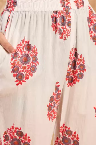 Coral pink printed cotton straight kurta set with blue zigzag dupatta