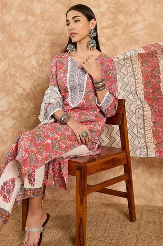 Coral pink printed cotton straight kurta set with blue zigzag dupatta