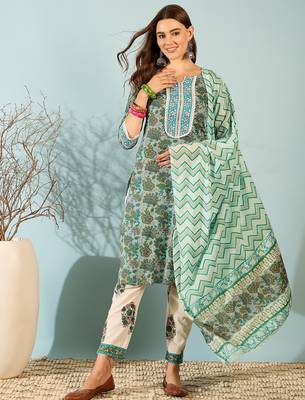 Blue printed cotton straight kurta set with zigzag dupatta 1
