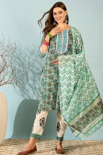 Blue printed cotton straight kurta set with zigzag dupatta