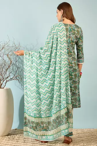 Blue printed cotton straight kurta set with zigzag dupatta
