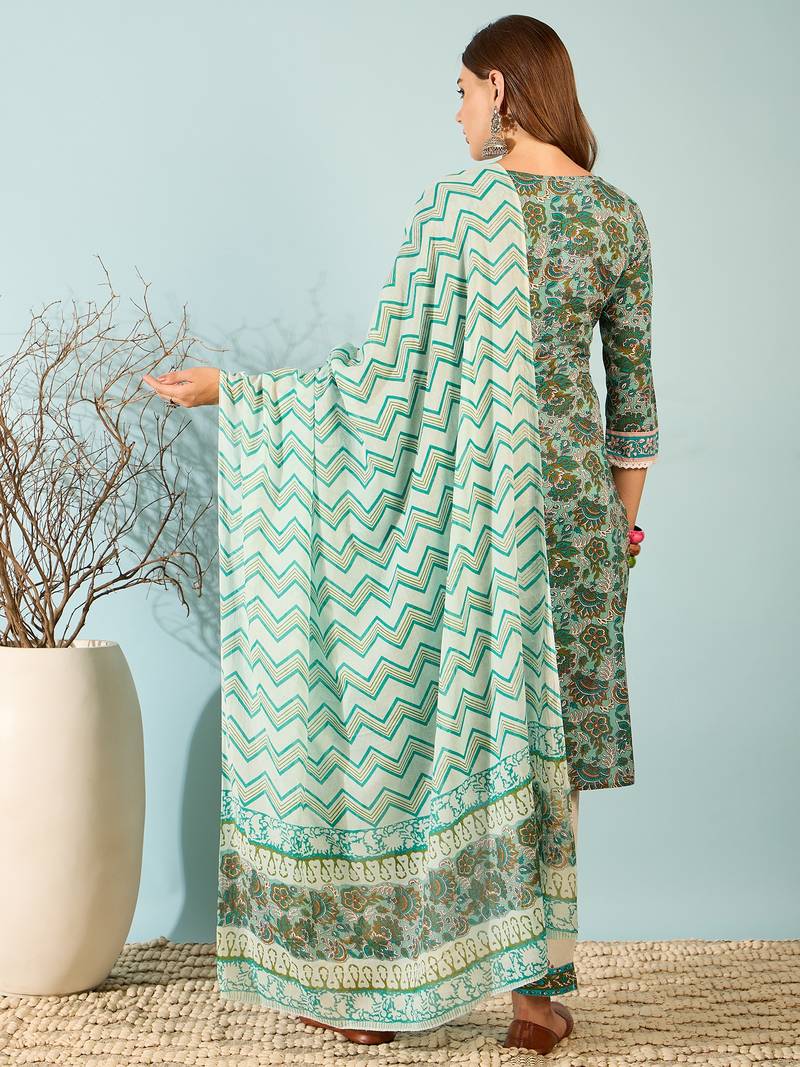 Blue printed cotton straight kurta set with zigzag dupatta
