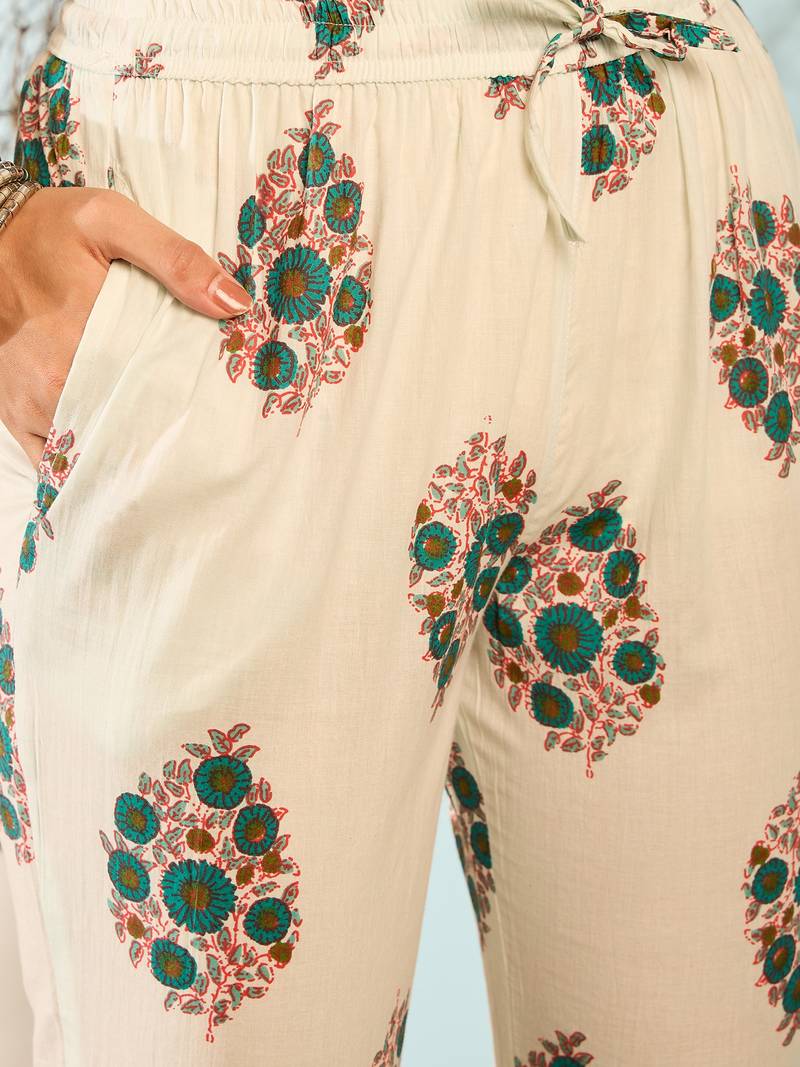 Blue printed cotton straight kurta set with zigzag dupatta