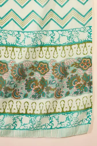 Blue printed cotton straight kurta set with zigzag dupatta