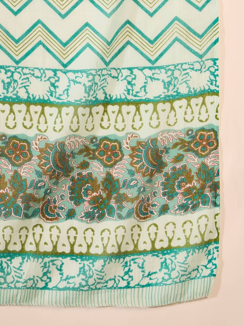 Blue printed cotton straight kurta set with zigzag dupatta