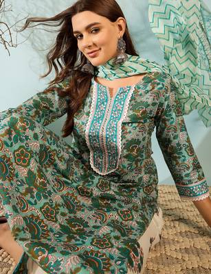 Blue printed cotton straight kurta set with zigzag dupatta 5