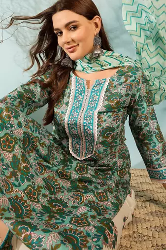Blue printed cotton straight kurta set with zigzag dupatta