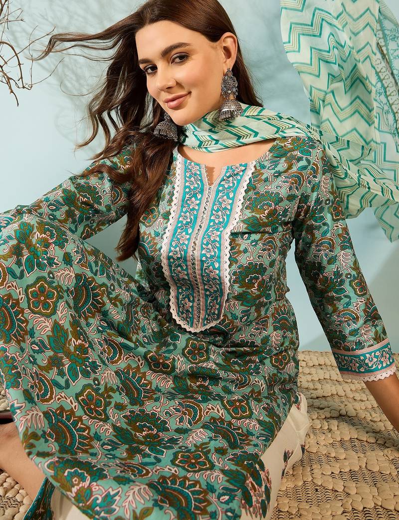 Blue printed cotton straight kurta set with zigzag dupatta